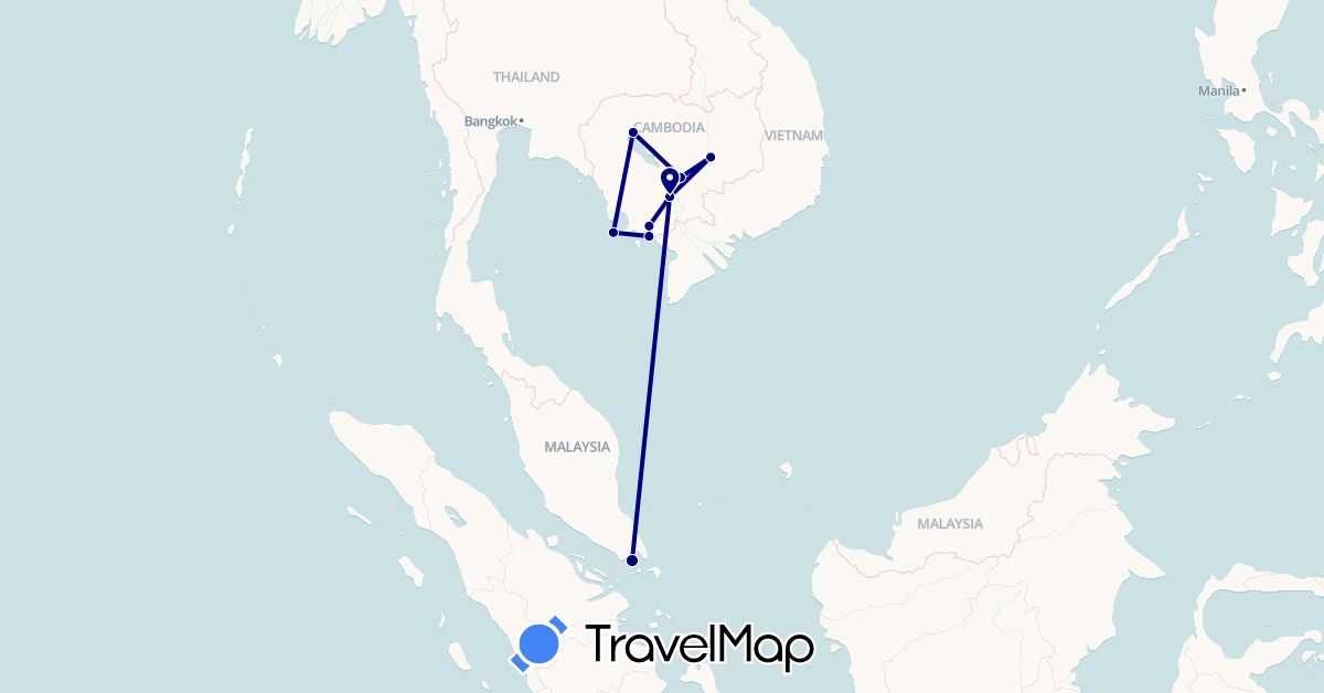 TravelMap itinerary: driving in Cambodia, Singapore (Asia)